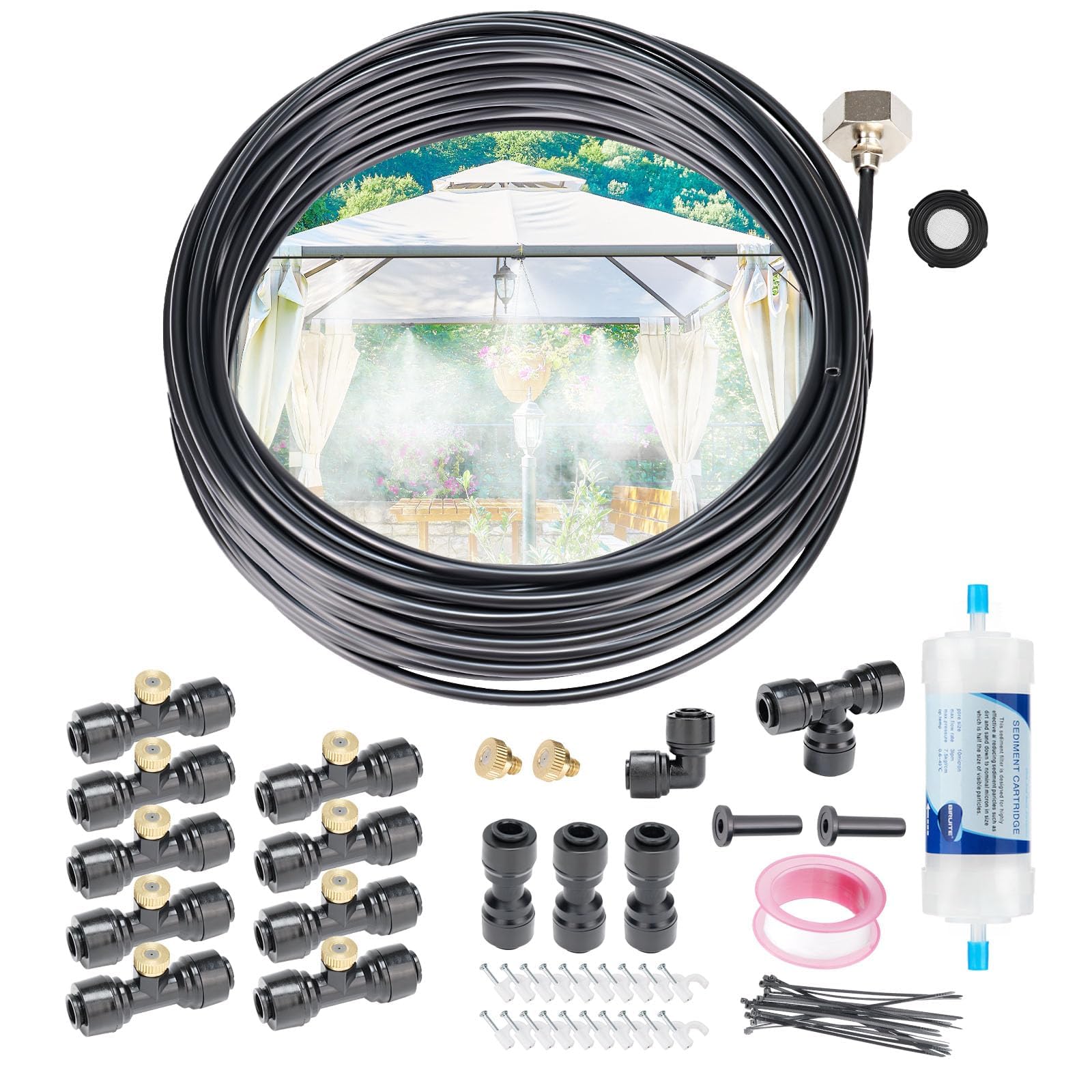 AbrirTrail front view of complete 50FT misting kit shows ready-to-install components and convenience