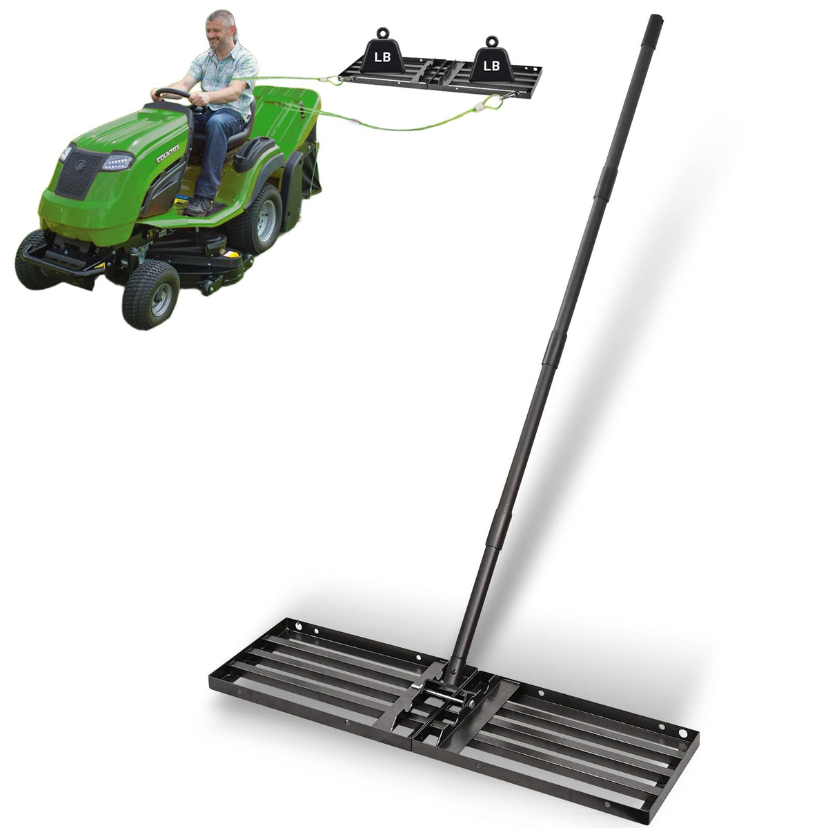 ABtool front view of 34x10 lawn leveling rake showing wide blade for faster coverage