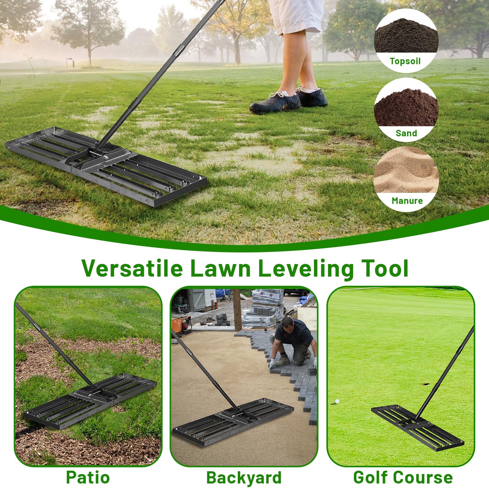 ABtool rake in use on backyard lawn delivering even soil spreading results