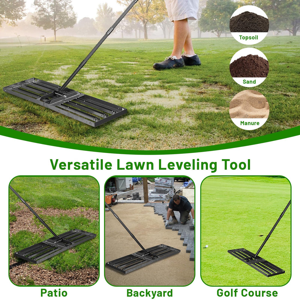 ABtool rake in use on backyard lawn delivering even soil spreading results