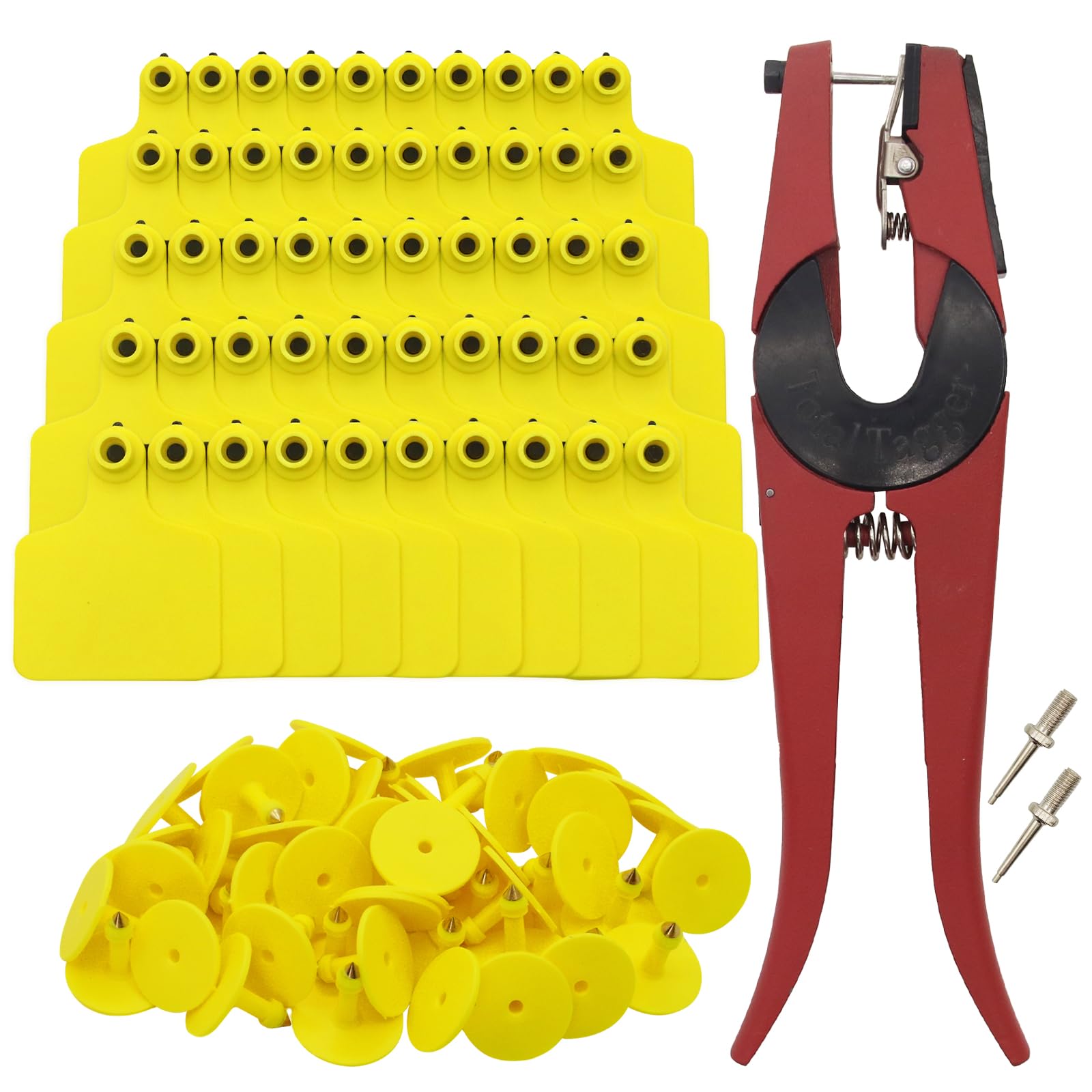 Abustle pig front packaging showing 100 yellow tags and pliers for easy inventory