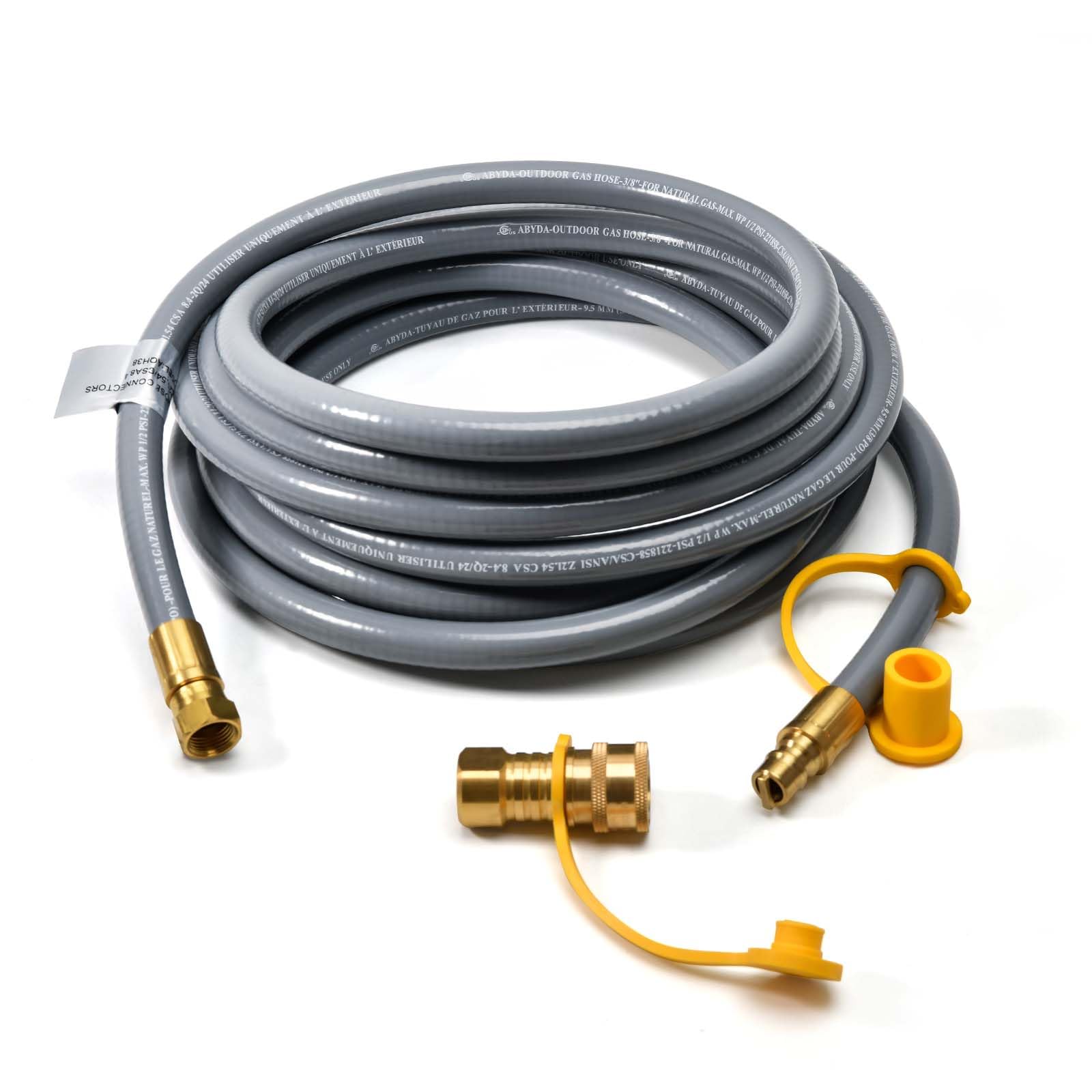 ABYDA hose front packaging showing durable rubber jacket and fittings for safe outdoor use