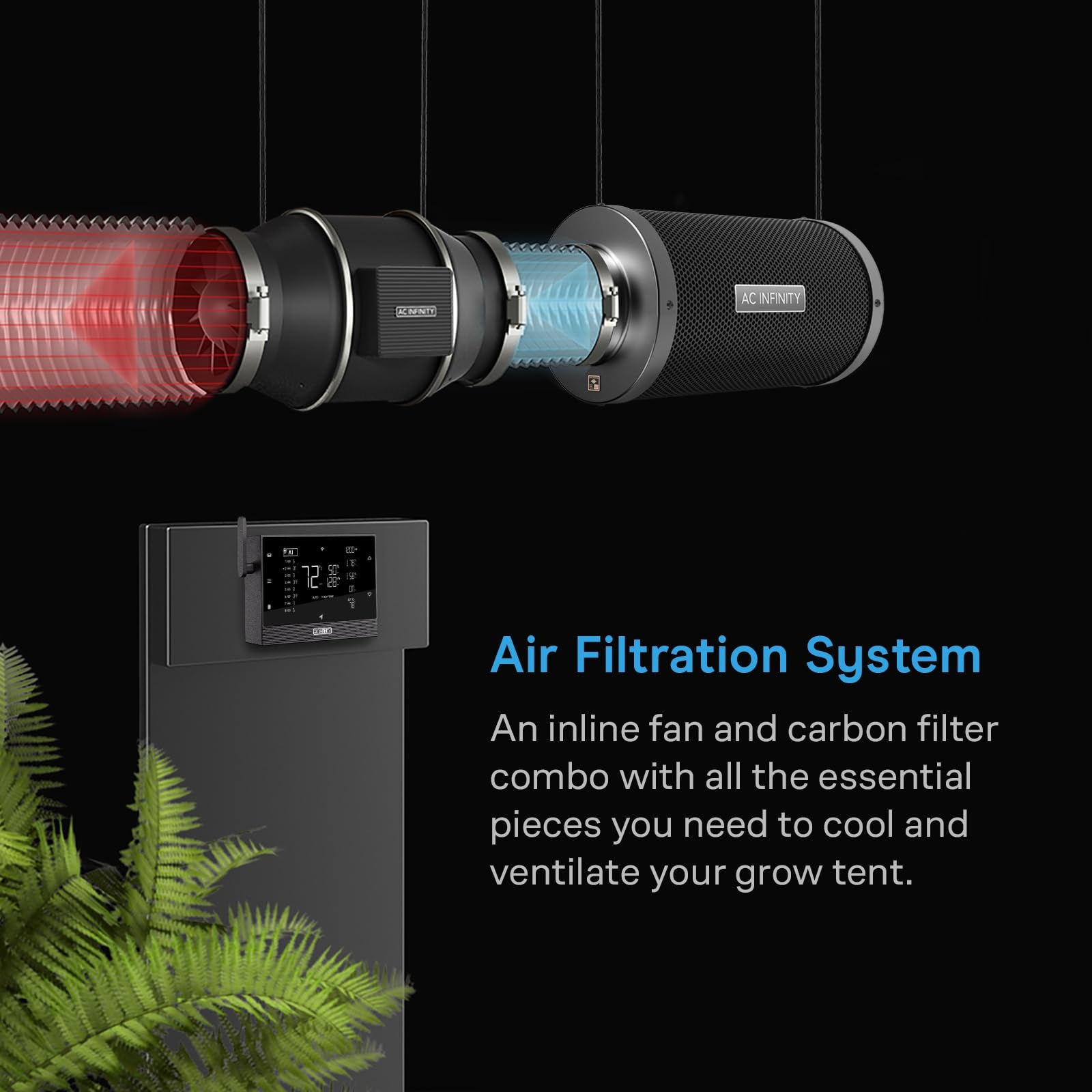 AC Infinity 4" inline fan close-up highlighting low-noise motor