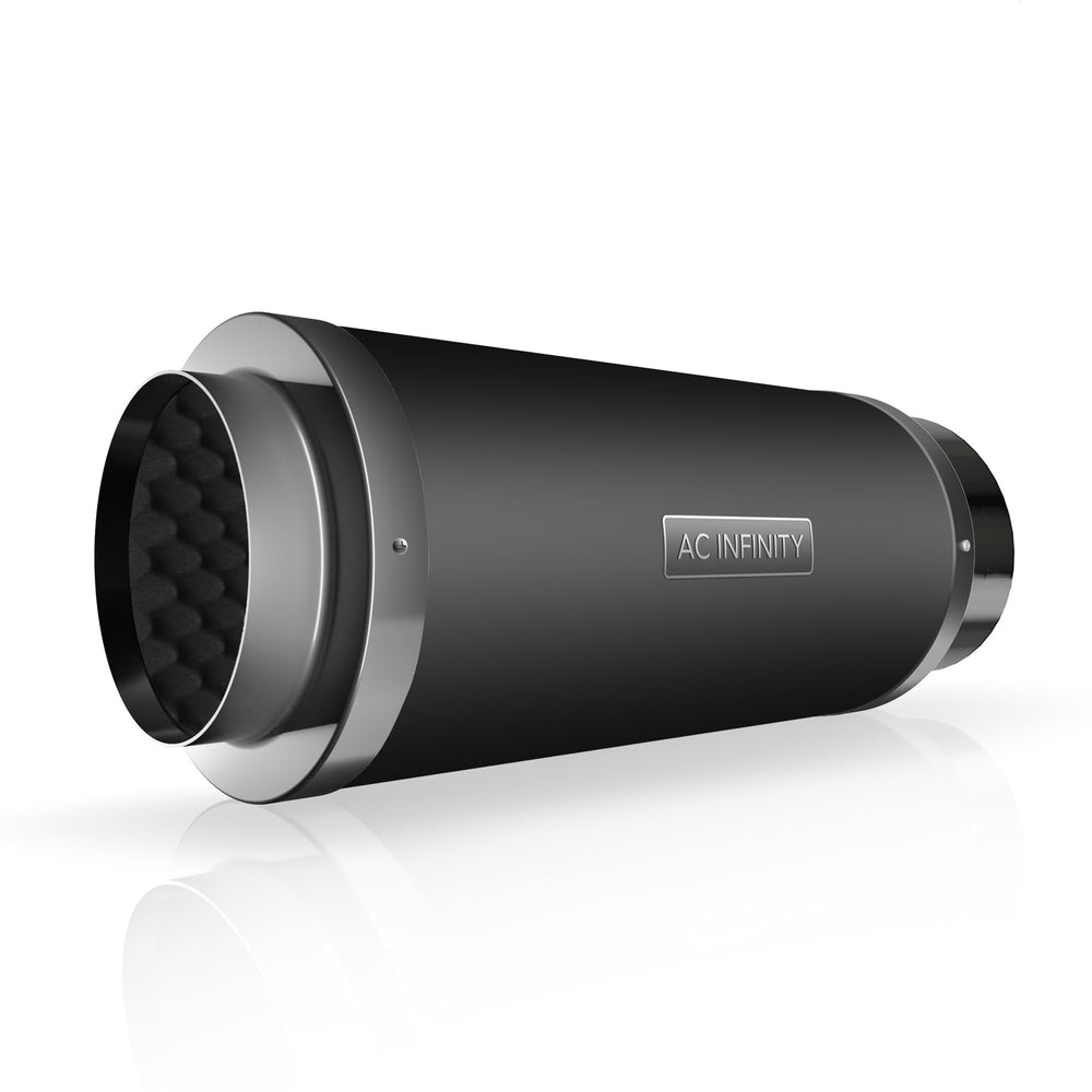 AC Infinity front view of 8-inch silencer showing inlet and outlet to reduce fan noise