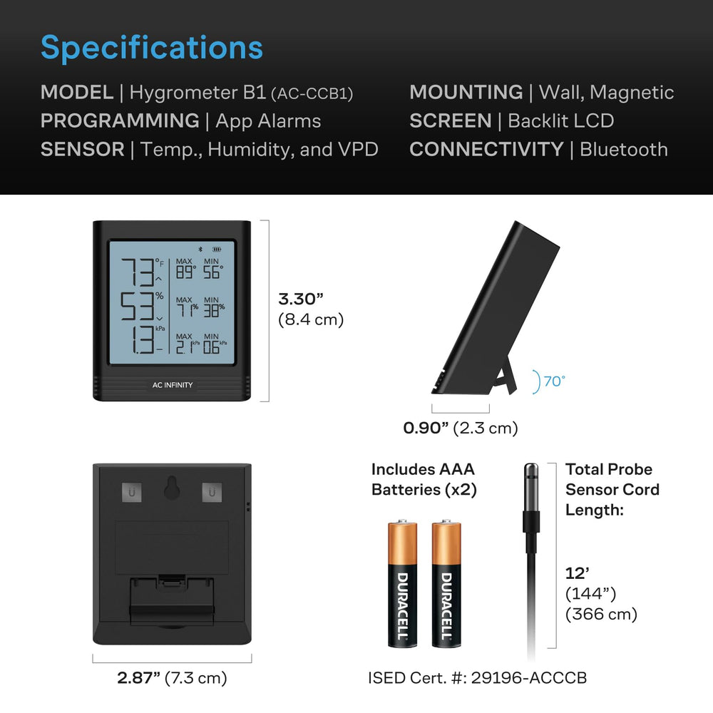 AC Infinity B1 beside a smartphone for size comparison, compact portable monitoring device