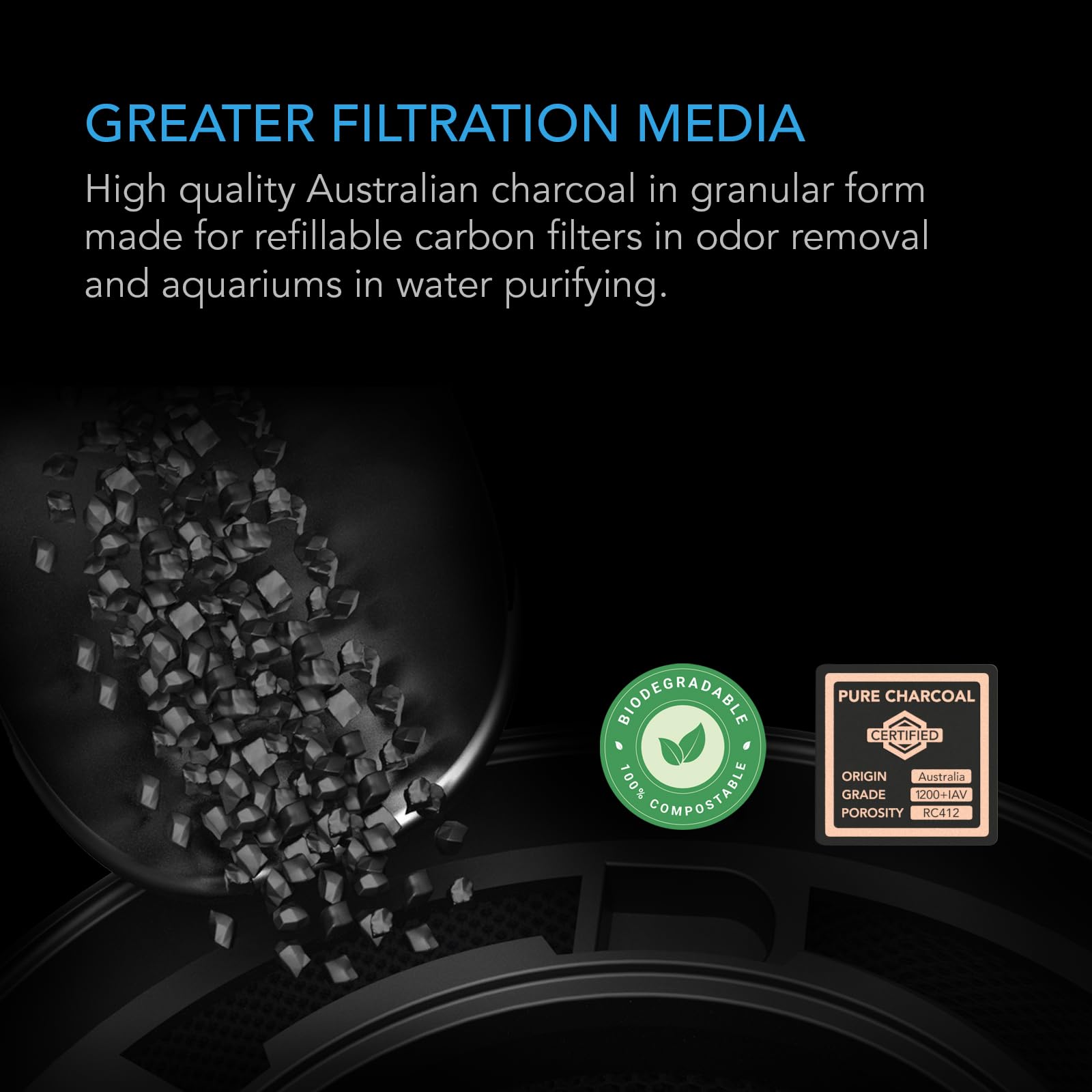 AC Infinity close-up of granular charcoal highlighting increased porosity benefit