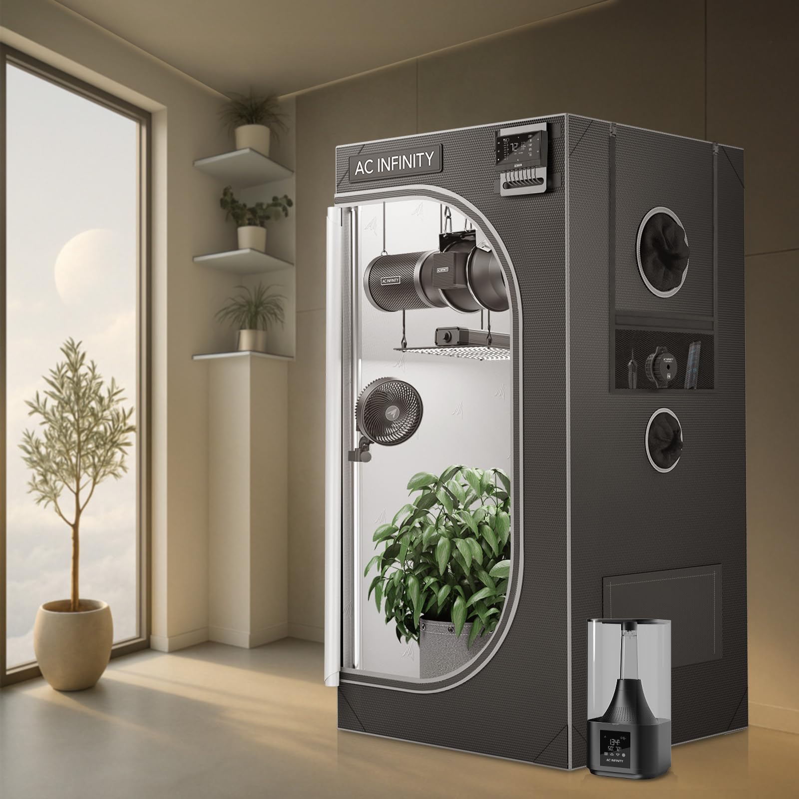 AC Infinity CLOUDLAB 422 size comparison next to a 5-gallon pot illustrating one-plant capacity