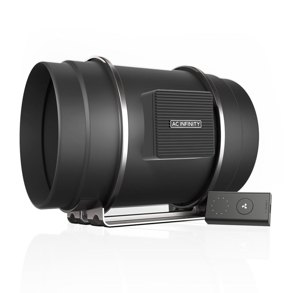 AC Infinity front view of S8 inline fan showing compact housing and low-noise benefit