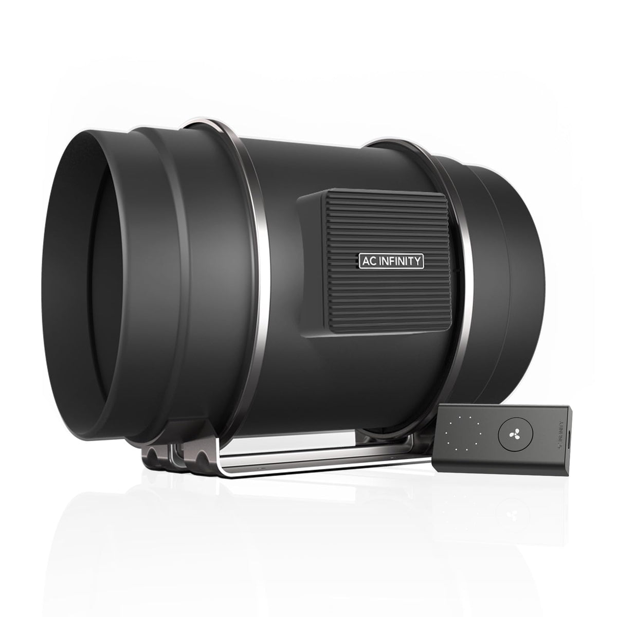 AC Infinity front view of S8 inline fan showing compact housing and low-noise benefit