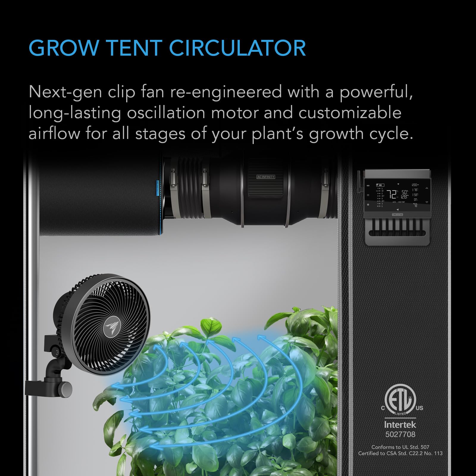 AC Infinity close-up of fan head and oscillation mechanism, enables precise coverage