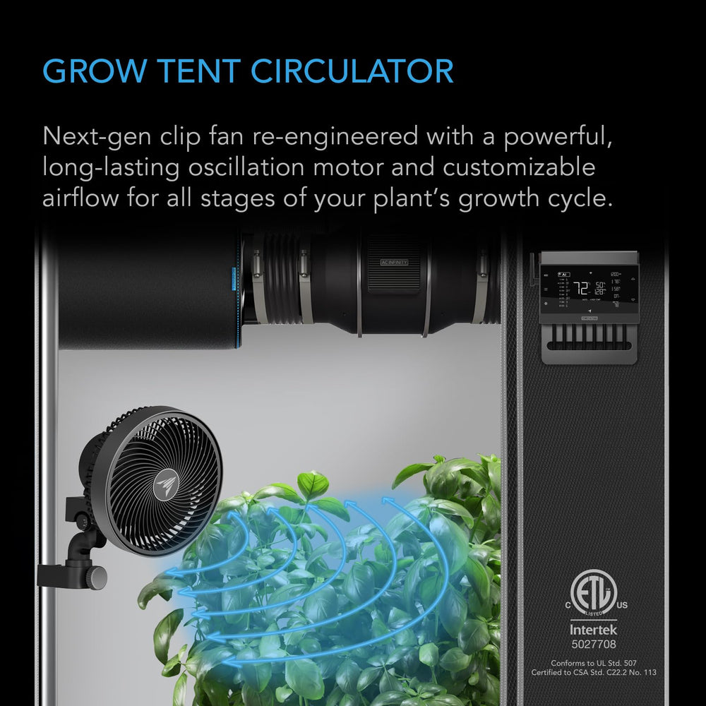 AC Infinity close-up of fan head and oscillation mechanism, enables precise coverage