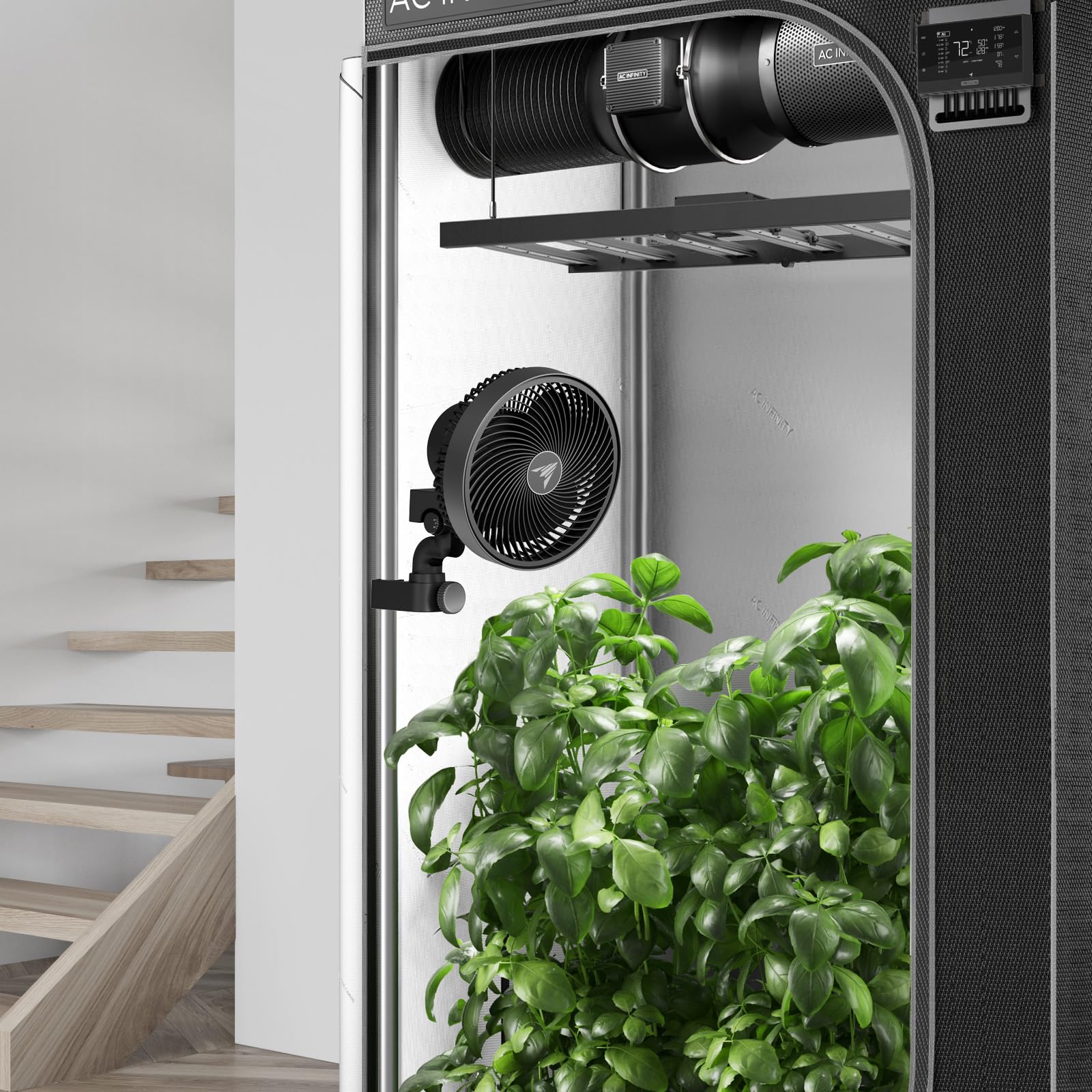 AC Infinity fan inside finished grow room, integrates with automated setup