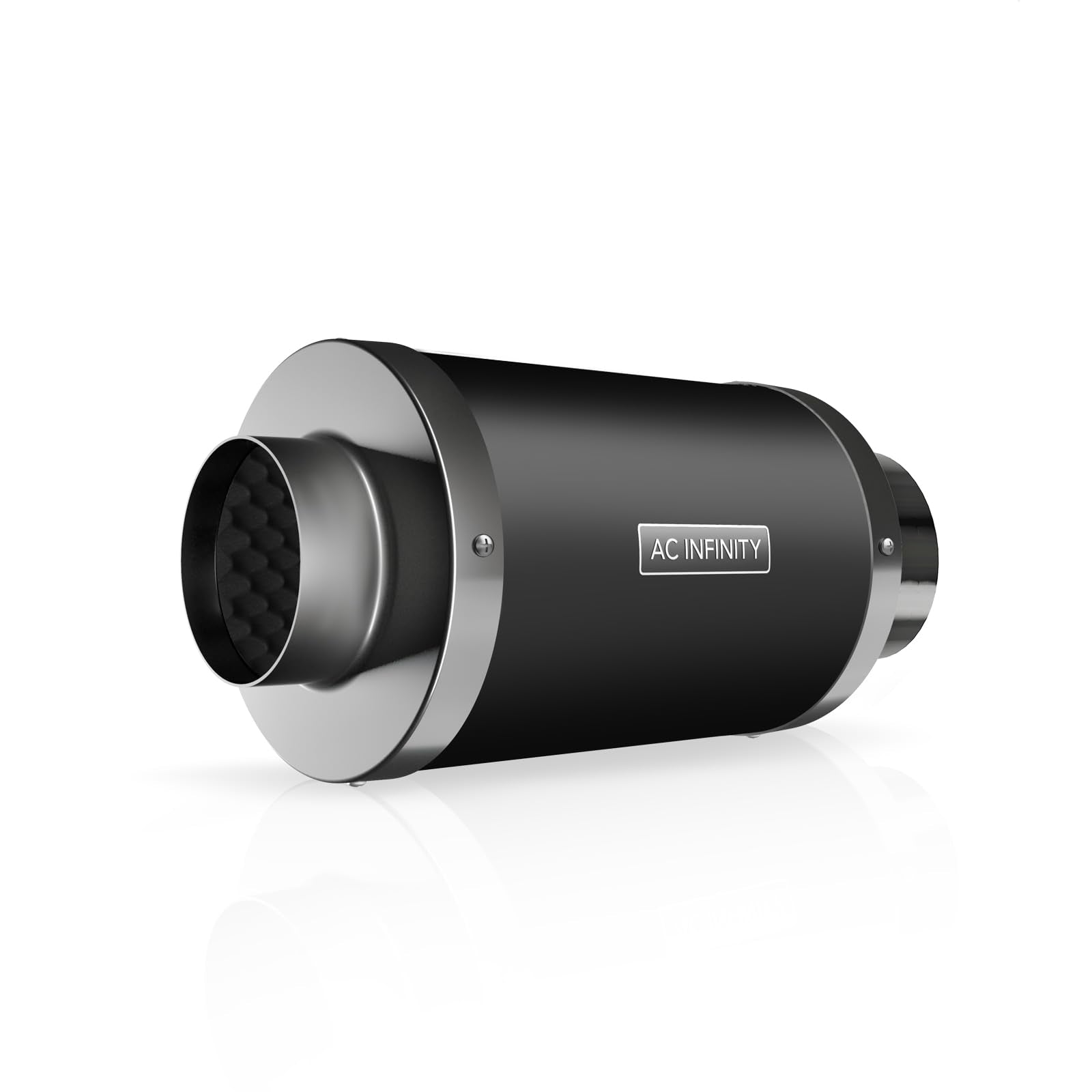 AC Infinity front view of 4-inch duct silencer showing compact profile and benefit of quieting fans