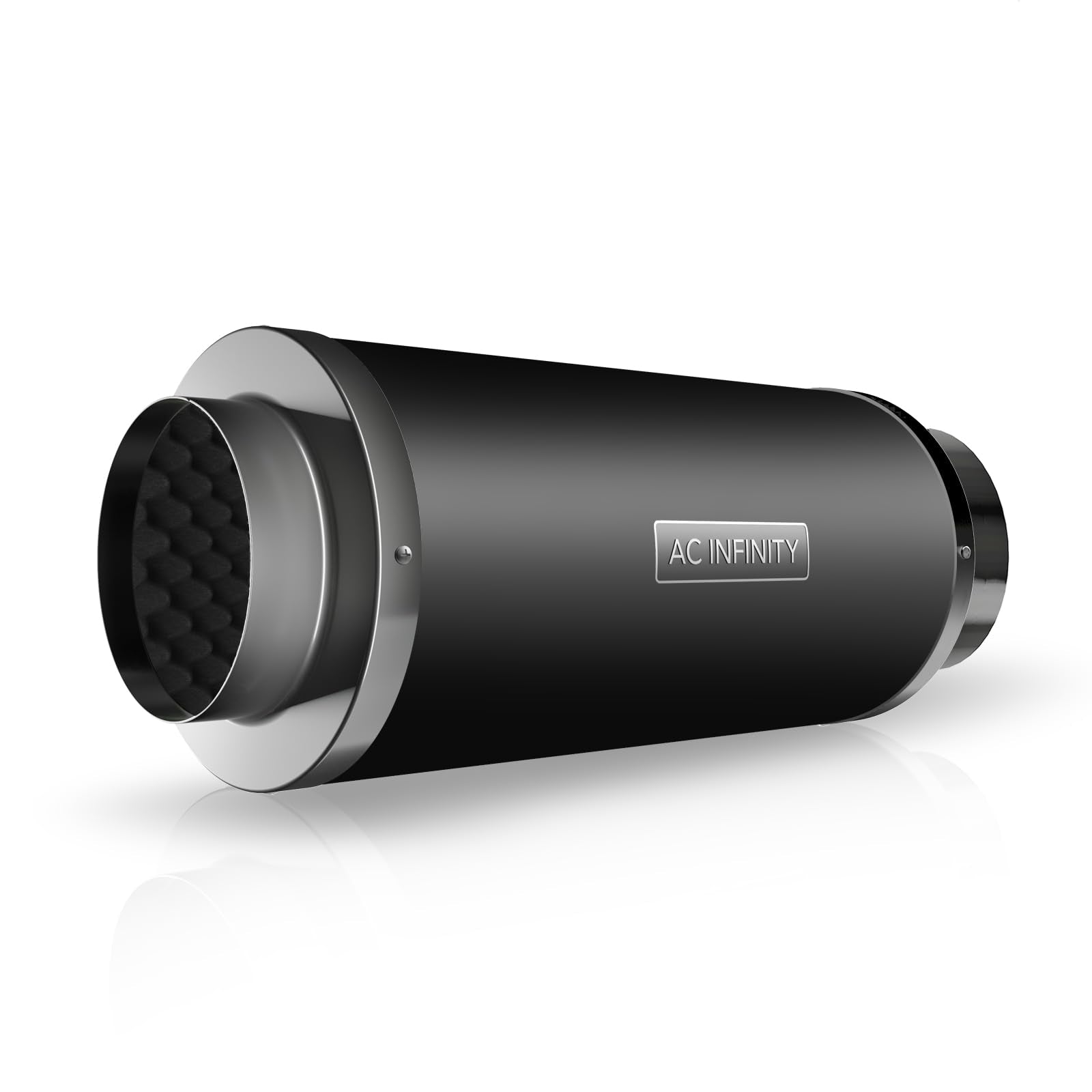 AC Infinity front view of silencer showing durable housing and quiet benefit