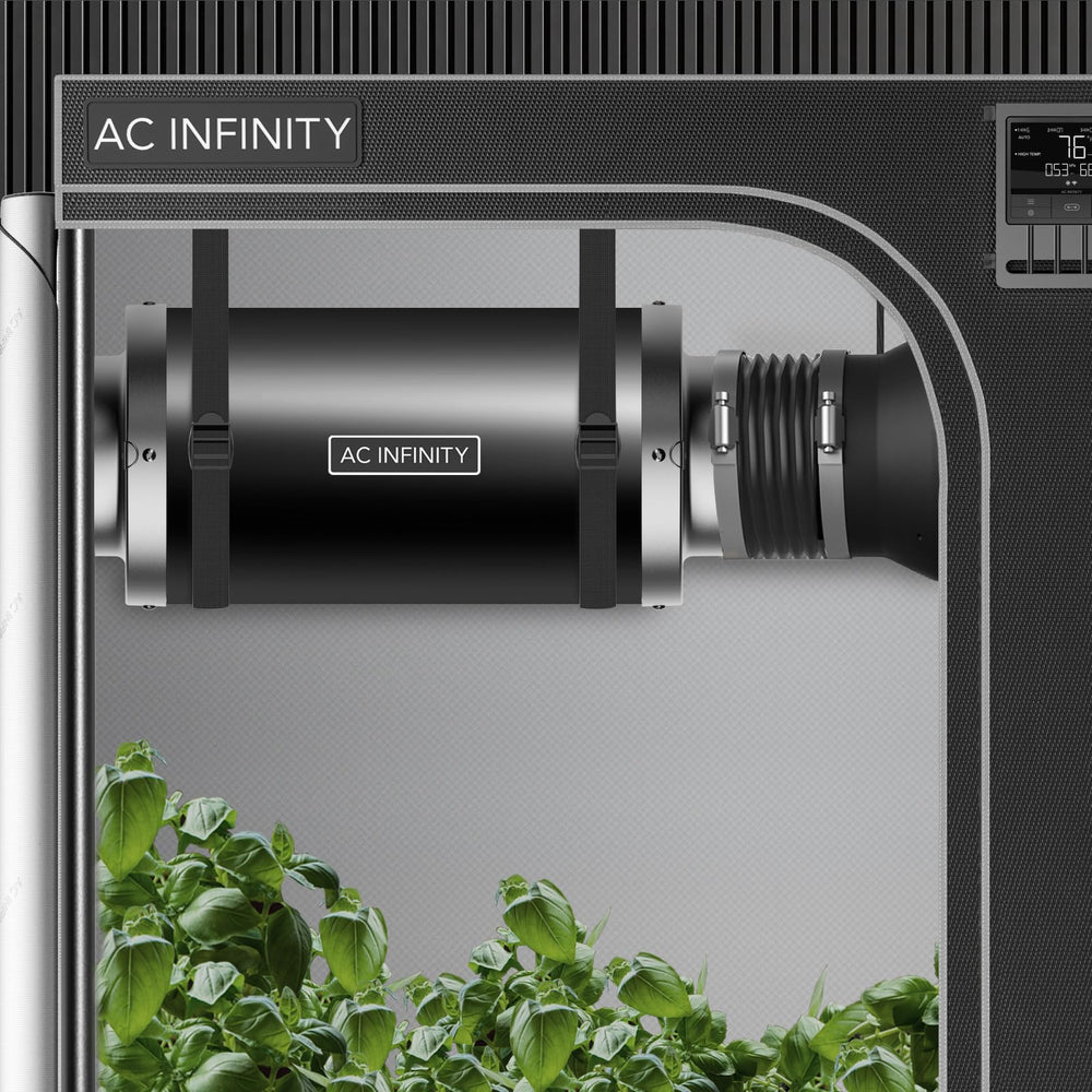 AC Infinity muffler inside grow tent reducing fan noise for discreet operation
