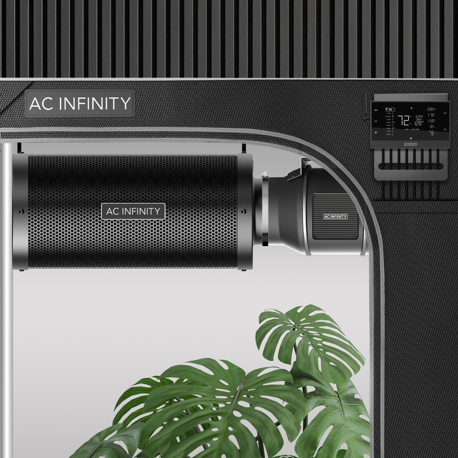 AC Infinity mounted in a grow tent environment controlling odors and air quality