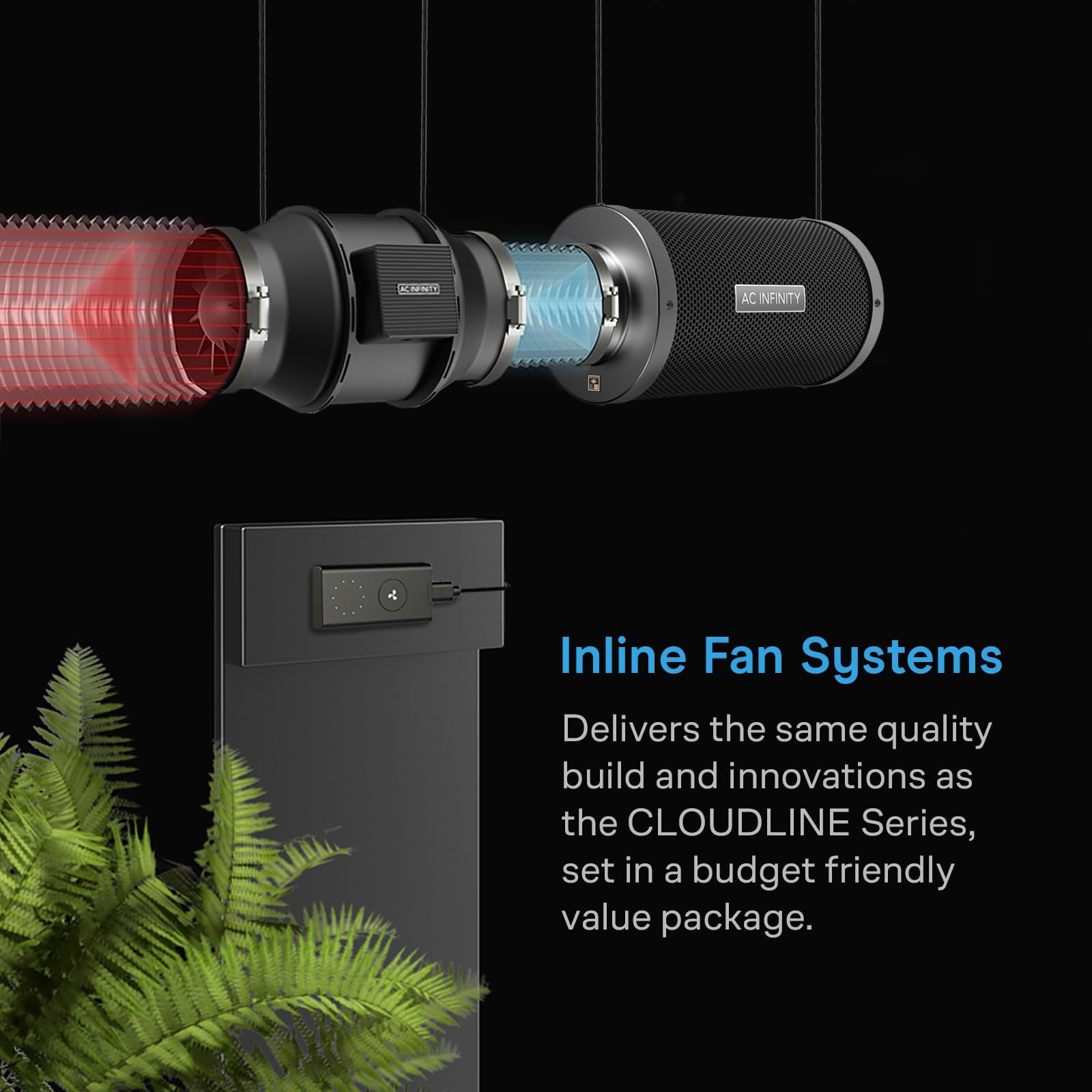 AC Infinity CLOUDLINE inline fan close-up emphasizing quiet performance