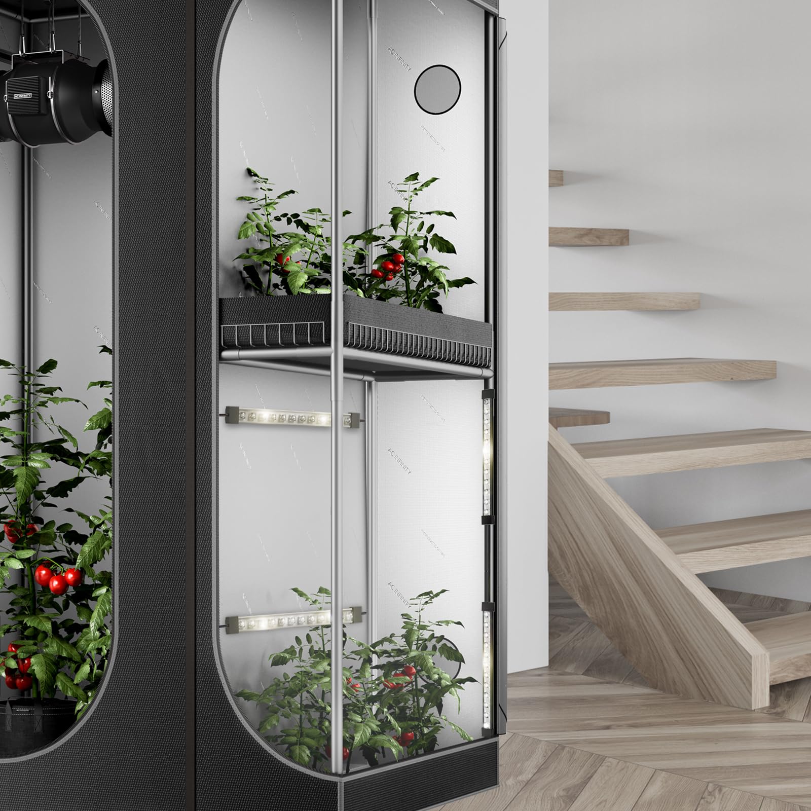 AC Infinity used on a propagation shelf illustrating supplemental light for seedlings and clones