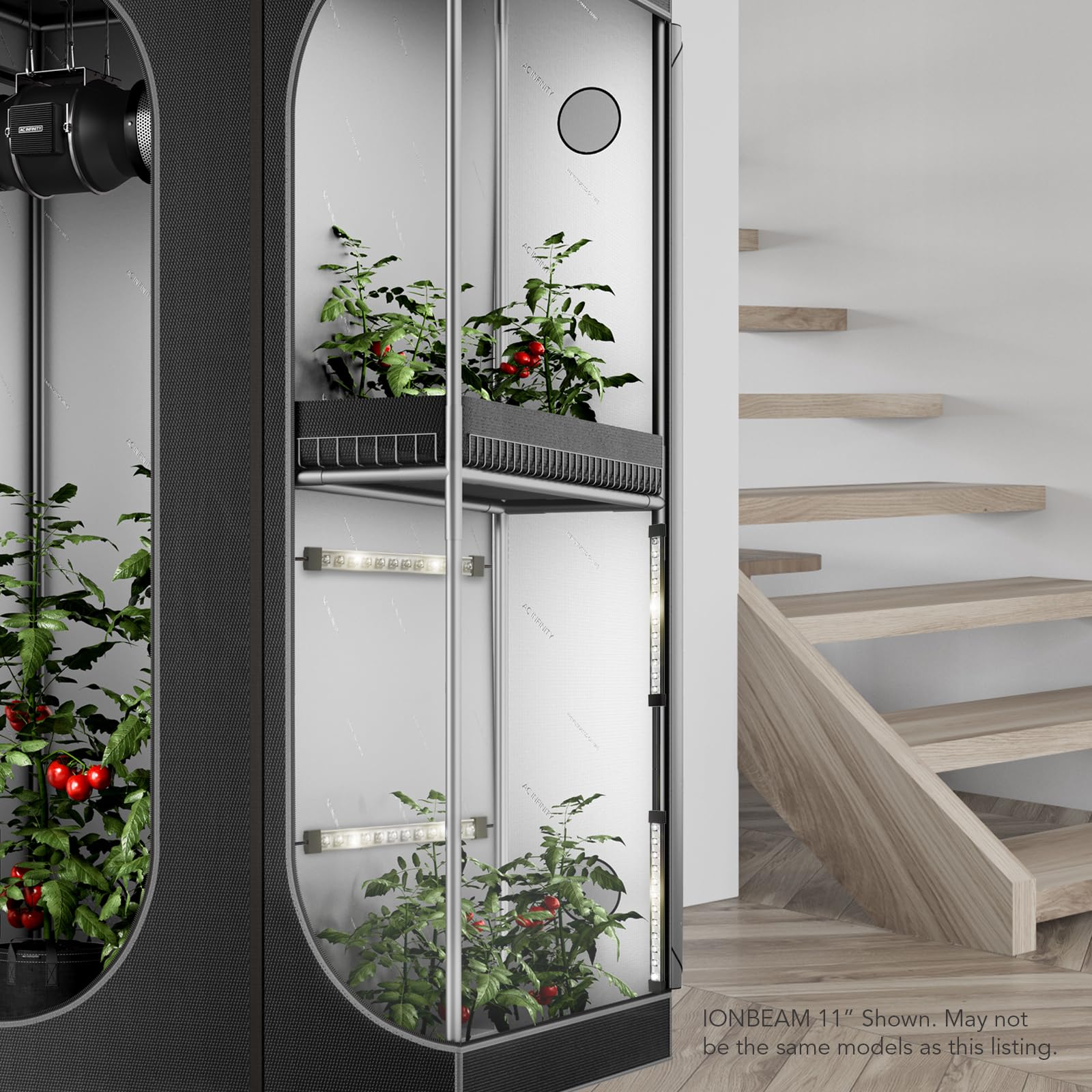 AC Infinity in a vertical rack setup illustrating targeted supplemental lighting benefit