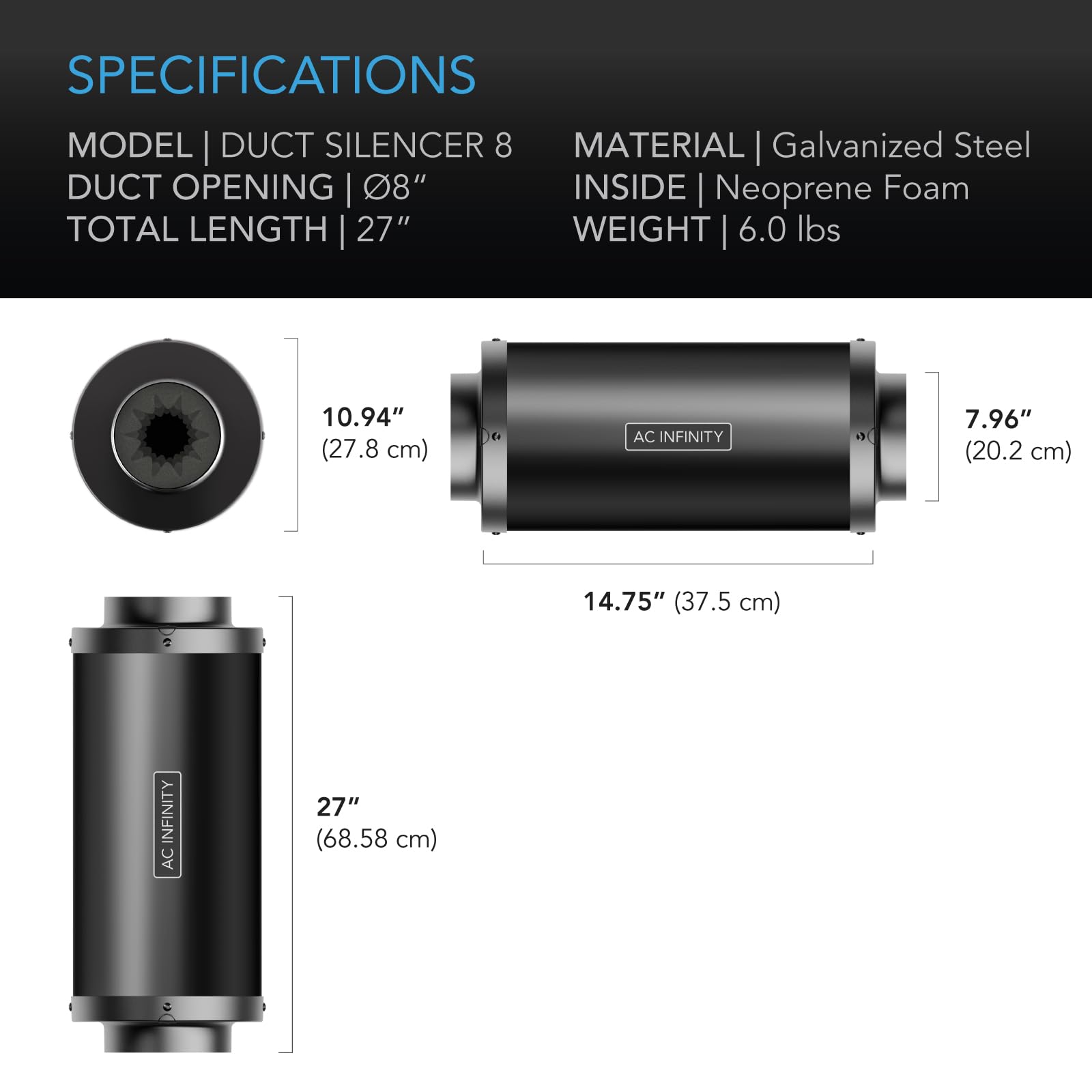 AC Infinity silencer beside ruler showing 14.75-inch length for fit and scale clarity