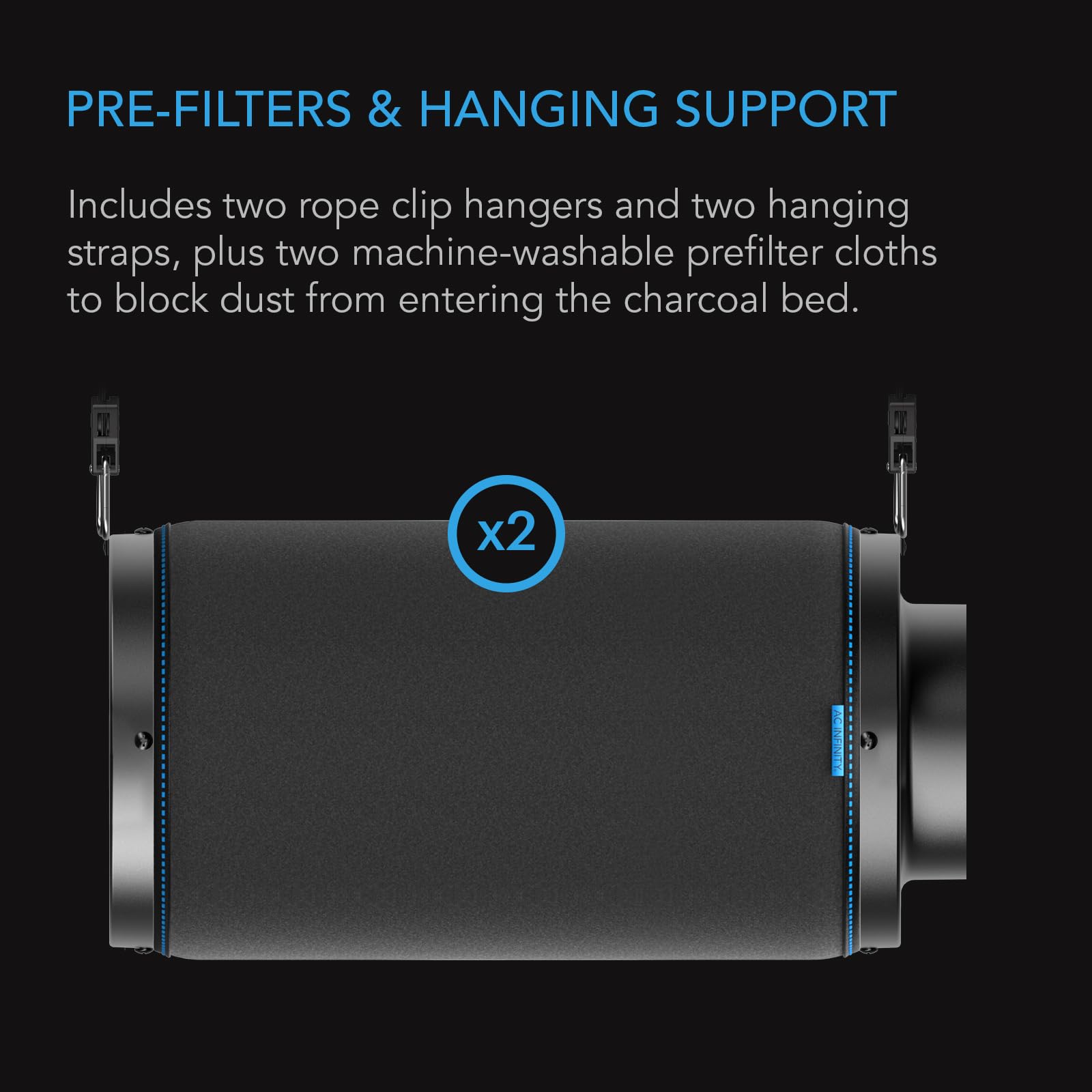 AC Infinity filter beside a ruler showing 16-inch length and exact sizing for compatible setups