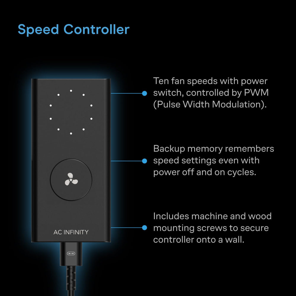 AC Infinity speed controller mounted and in-use enabling adjustable airflow and quieter operation