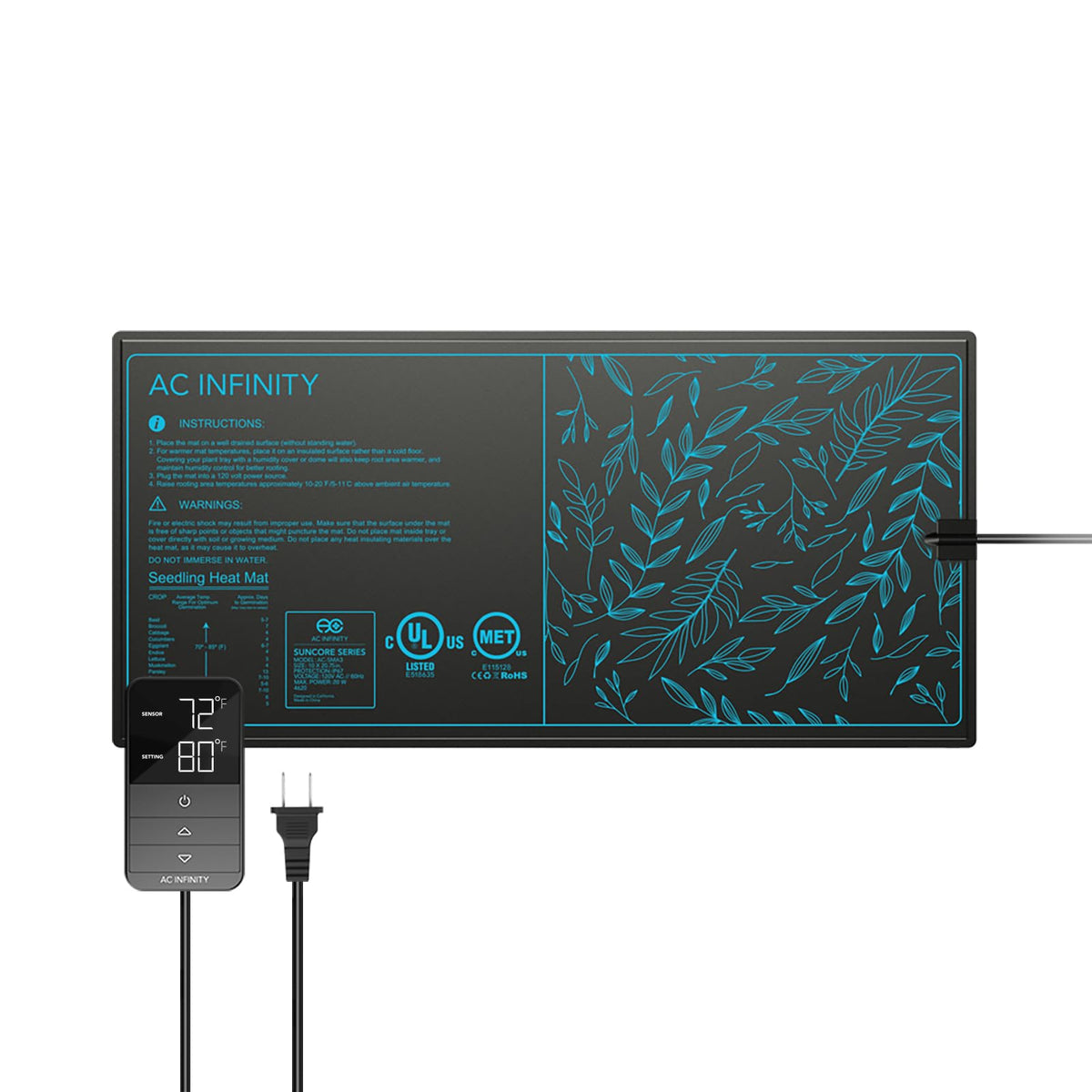 AC Infinity SUNCORE H3 front view showing compact mat and controller for precise germination