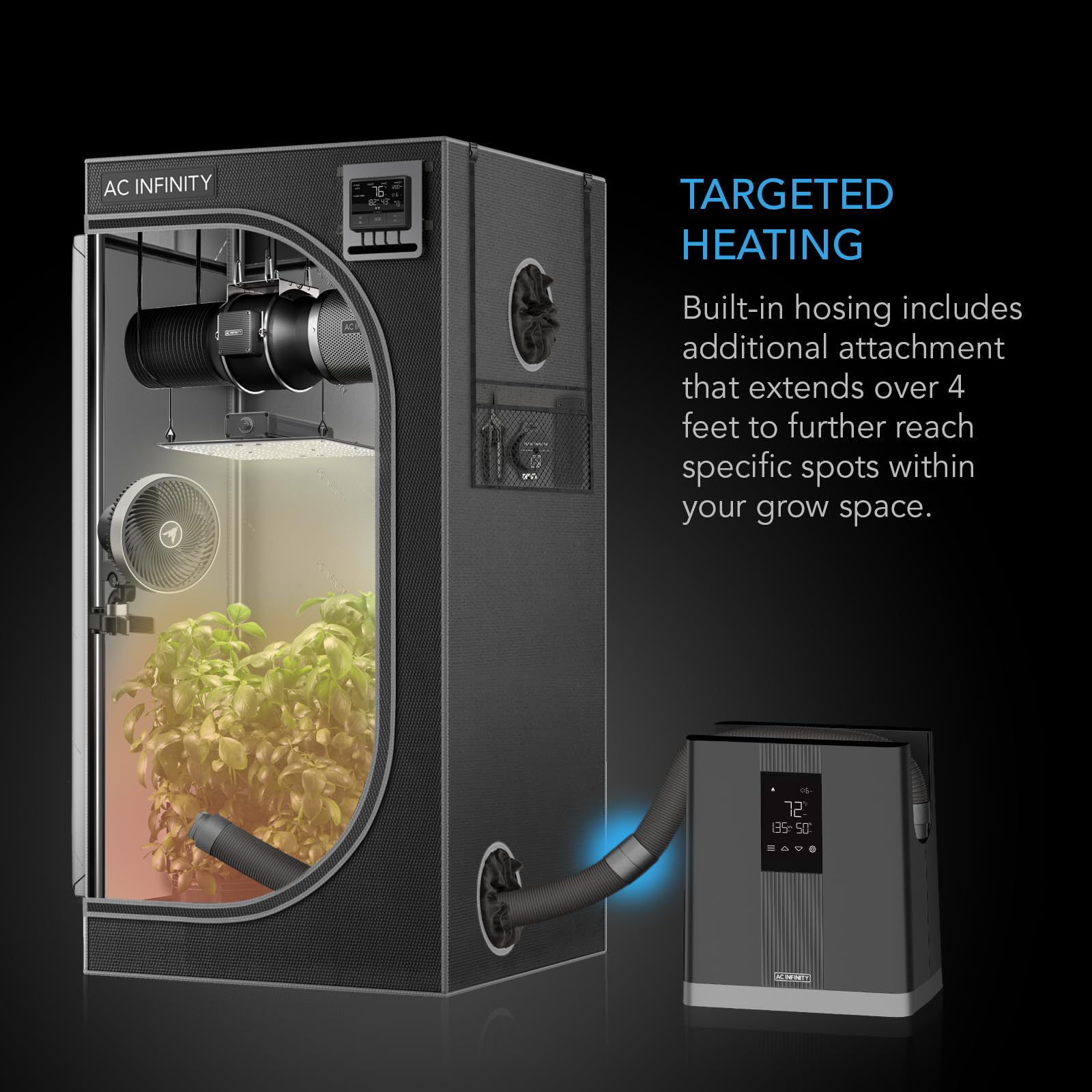AC Infinity heater installed in grow tent providing targeted warmth to seedlings