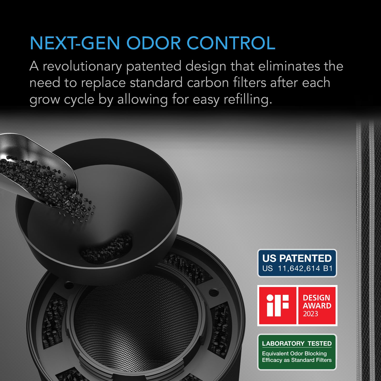 AC Infinity twist-off flange detail highlighting tool-free refill convenience