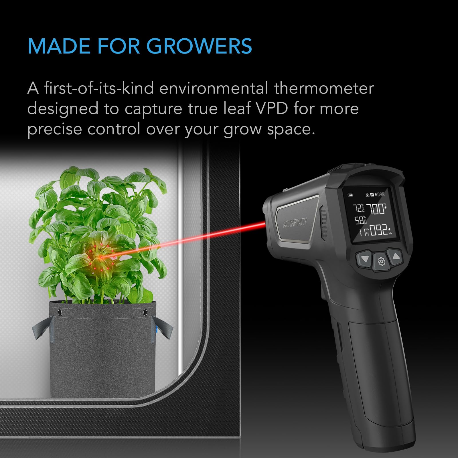 AC Infinity VPD thermometer close-up of 12-point laser grid for precise leaf targeting