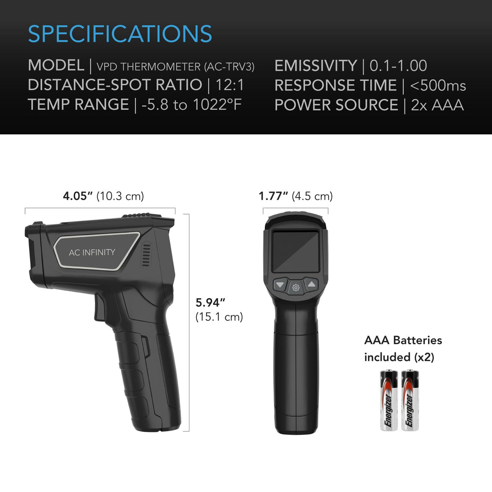 AC Infinity VPD thermometer back panel open showing battery compartment for field use