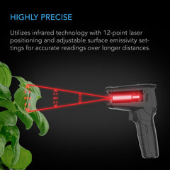 AC Infinity VPD thermometer measuring a plant leaf delivering fast non-contact readings