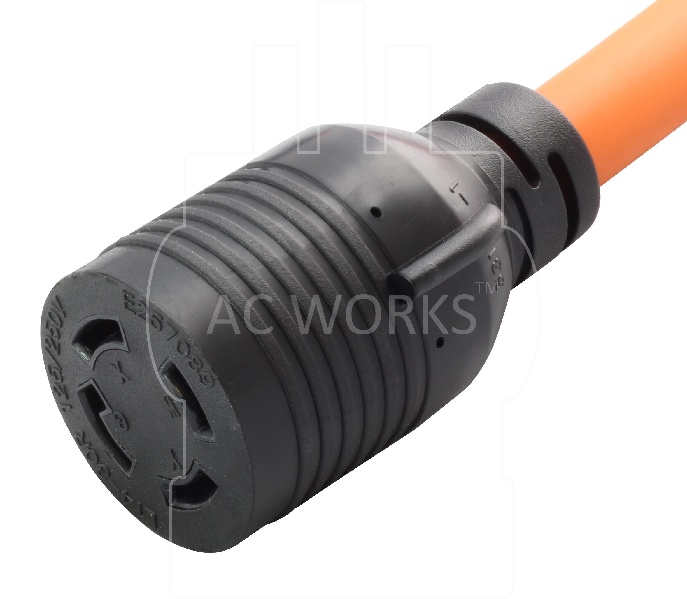 AC WORKS adapter plugged into a transfer switch inlet demonstrating safe generator hookup