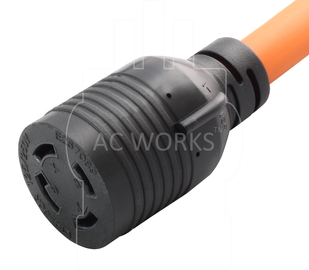 AC WORKS adapter plugged into a transfer switch inlet demonstrating safe generator hookup