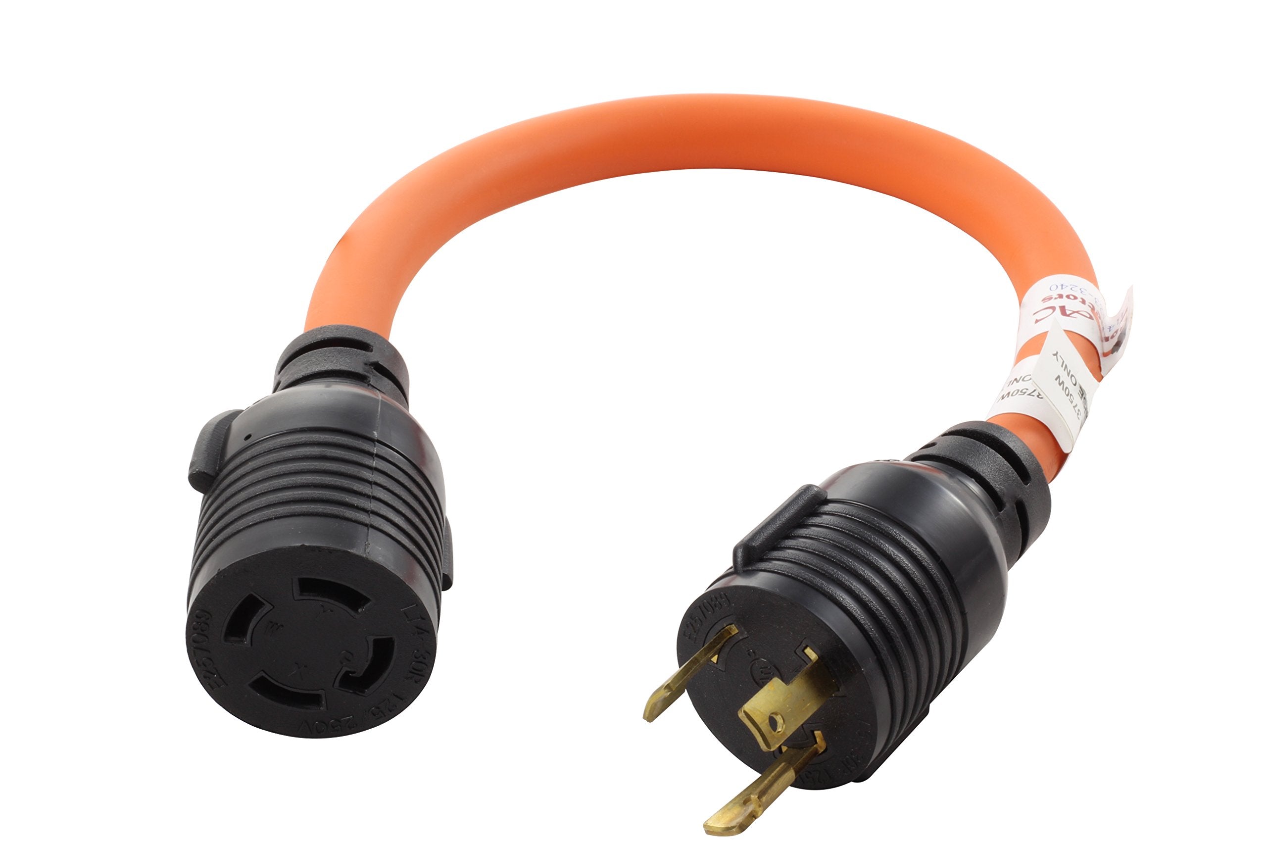 AC WORKS adapter front view showing connectors and locking collars for secure connections