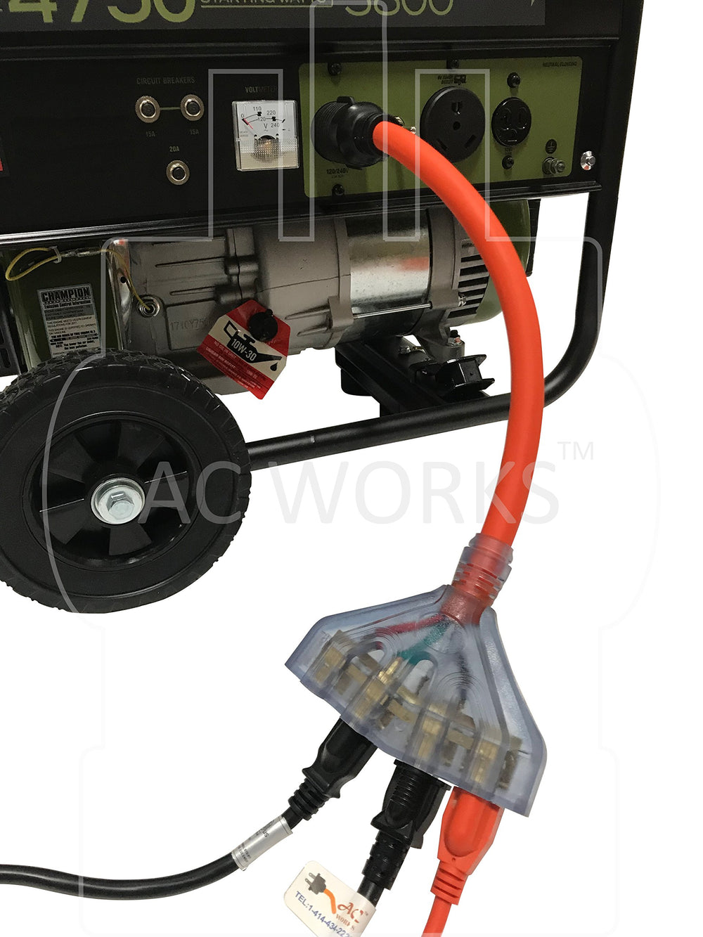 AC WORKS connected to generator on jobsite demonstrating safe multi-device distribution