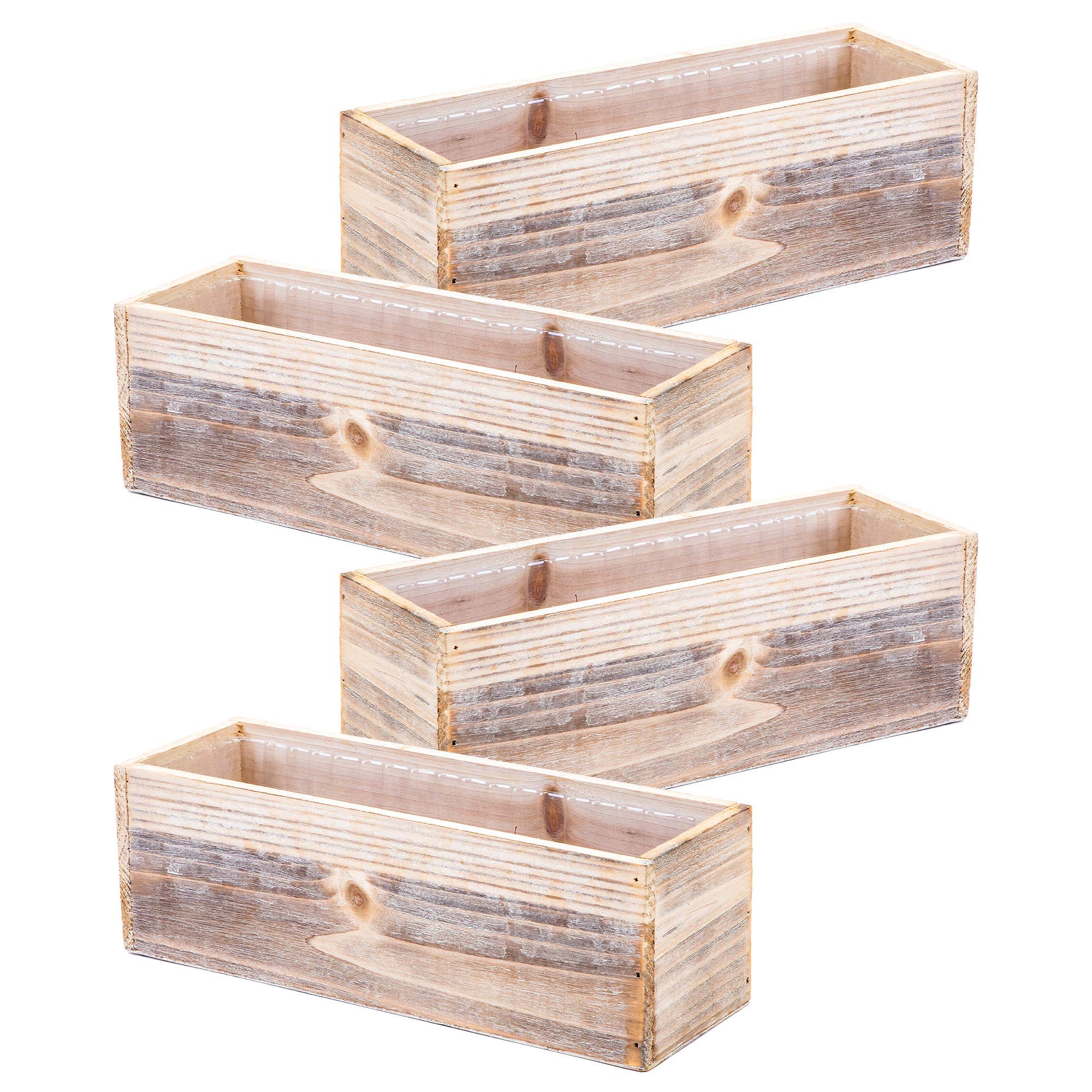 Accent Decor front view of four whitewash wood planter boxes showing shape and finish, perfect for decor