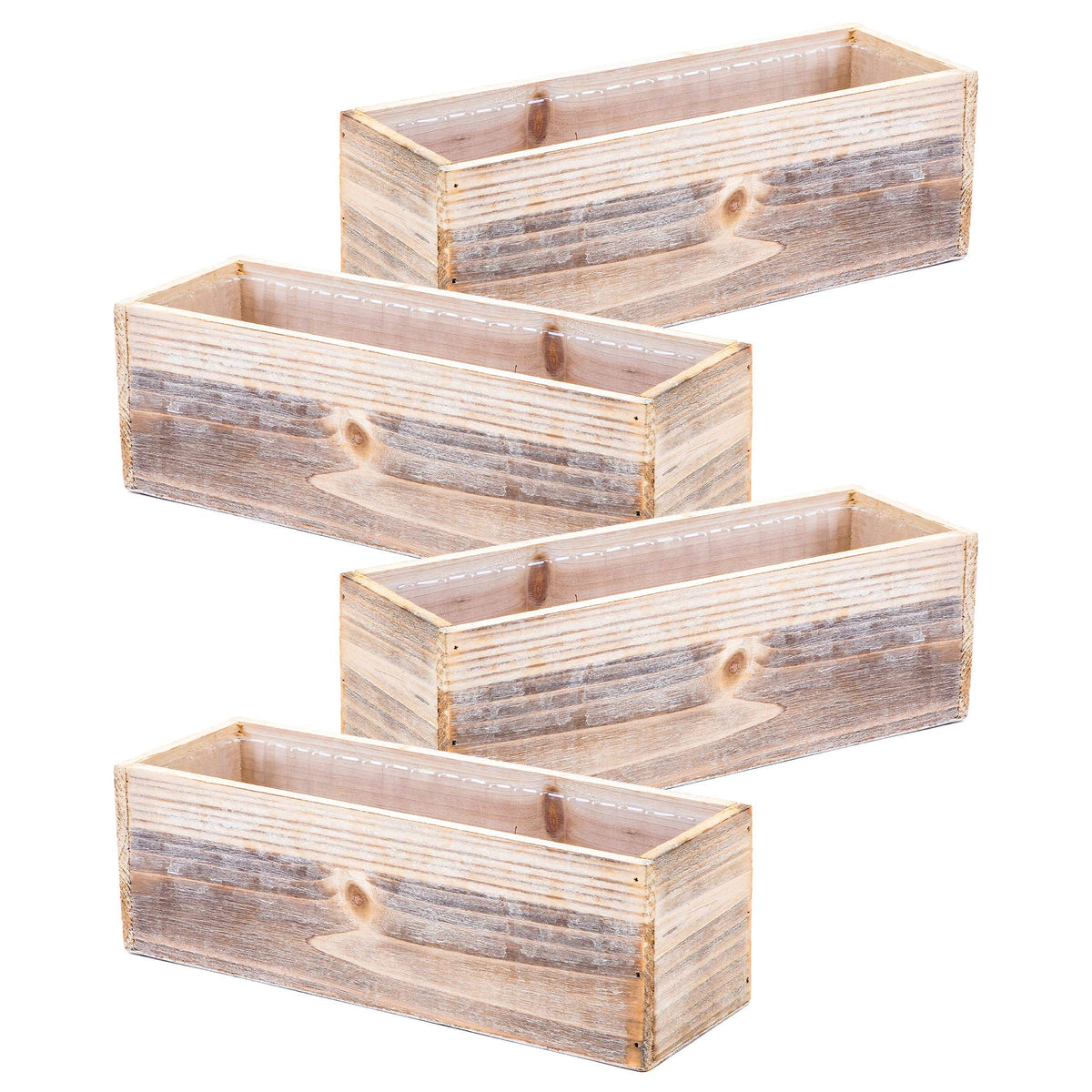 Accent Decor front view of four whitewash wood planter boxes showing shape and finish, perfect for decor