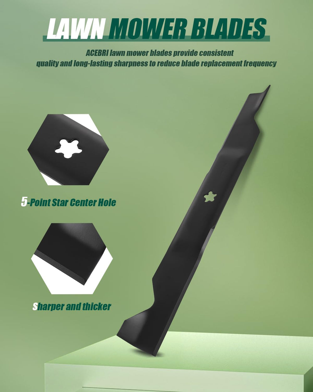 ACEBRI 23" mower blade edge showing sharpness for cleaner cuts