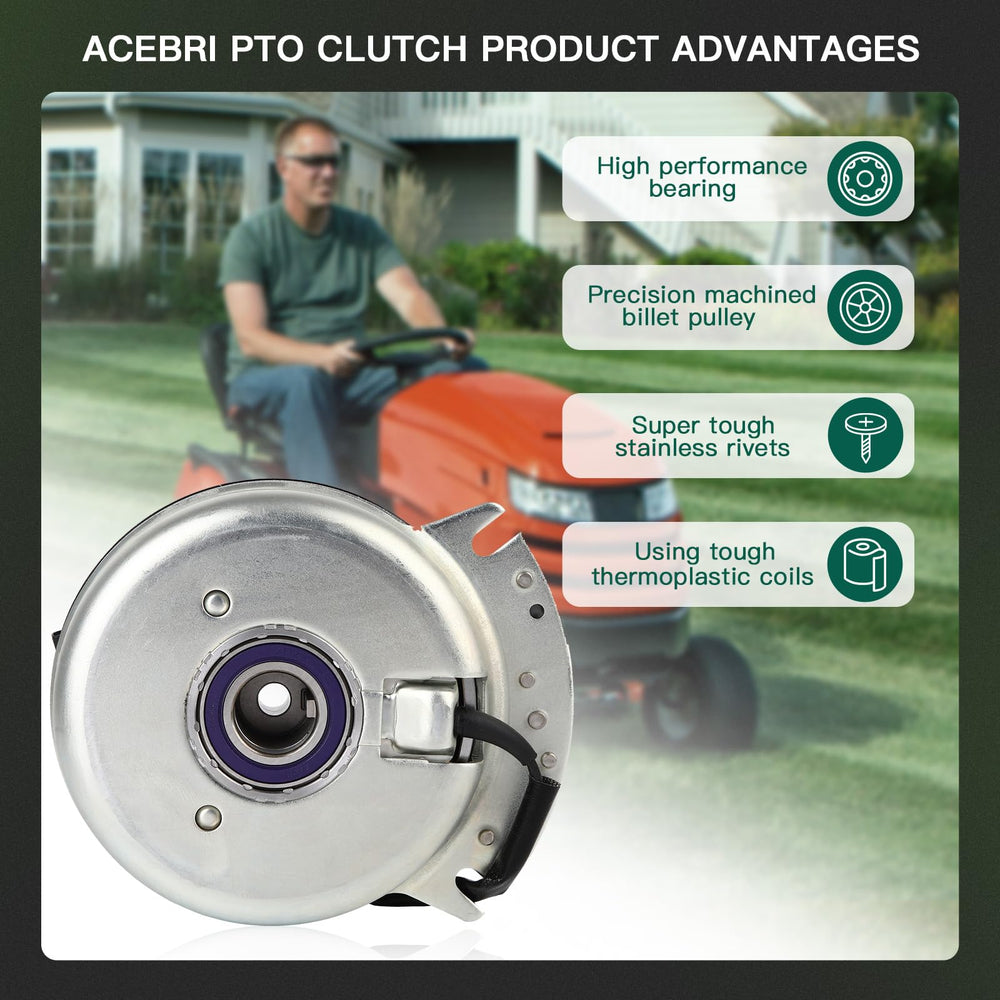 ACEBRI clutch mounted on mower crankshaft demonstrating direct-fit replacement