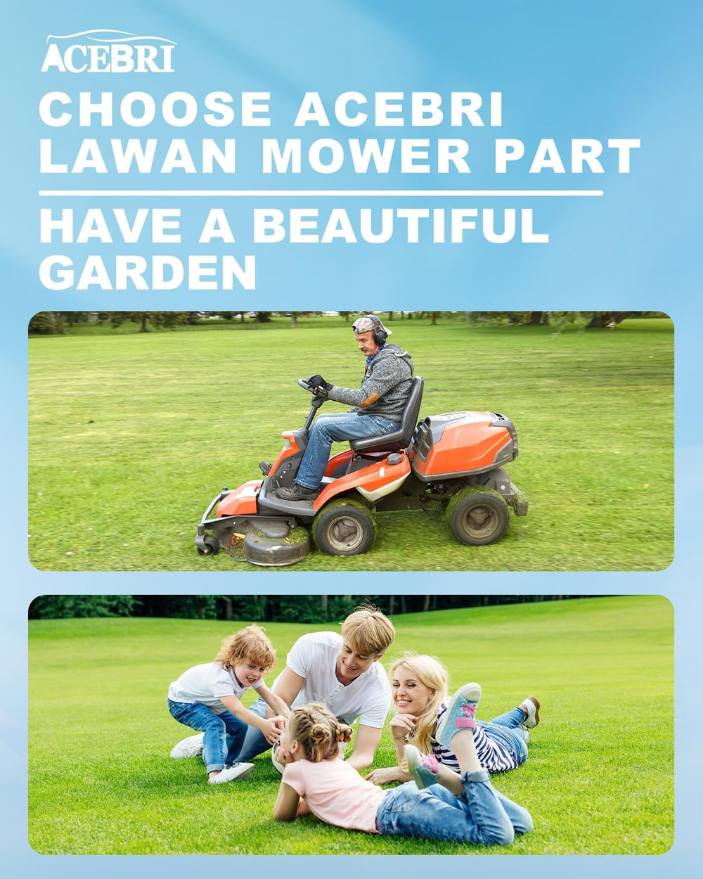 ACEBRI on lawn tractor in garden illustrating restored cutting performance