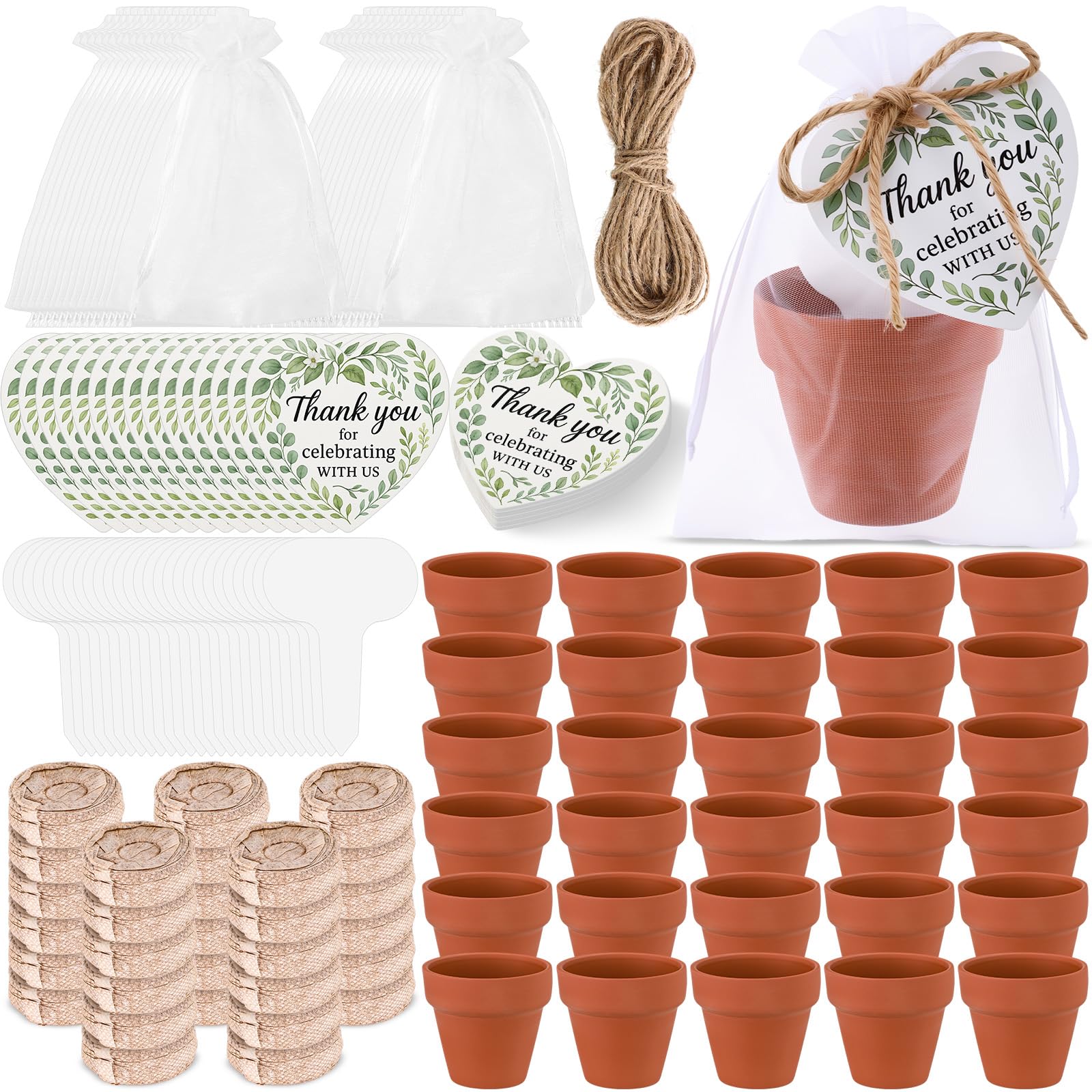 Acellegic front view of 30 mini terracotta favor sets, ready to gift