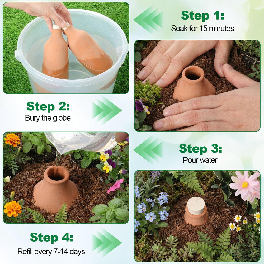 Acellegic olla inserted in pot delivering slow root-level watering benefit