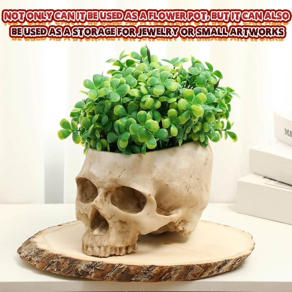 Acellegic skull planter used as a candy bowl at a Halloween party, spooky serving idea