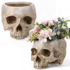 Acellegic skull planter front view showing vintage beige finish and sculpted details