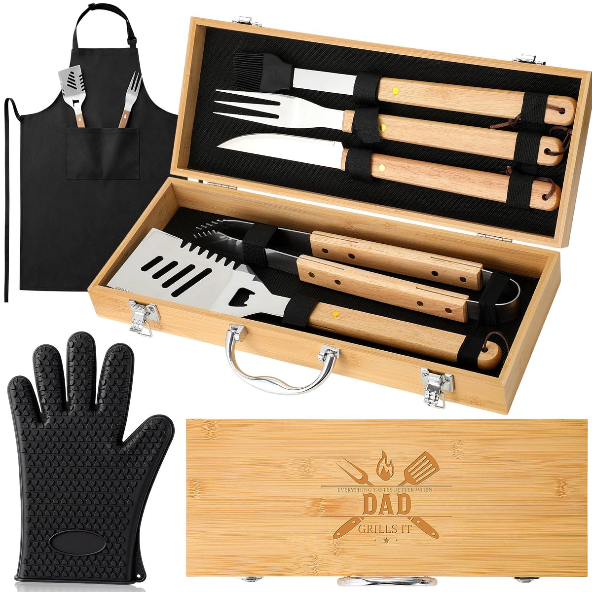 Acellegic wooden case with full grill set displayed, durable protection for travel