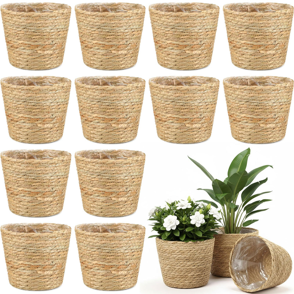 AceOrbit front view of 12 woven seagrass baskets showing rustic decor benefit