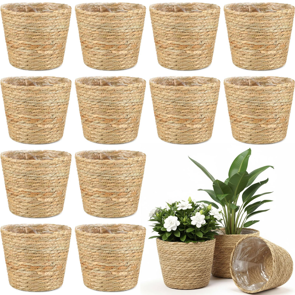 AceOrbit front view of 12 woven seagrass baskets showing rustic decor benefit