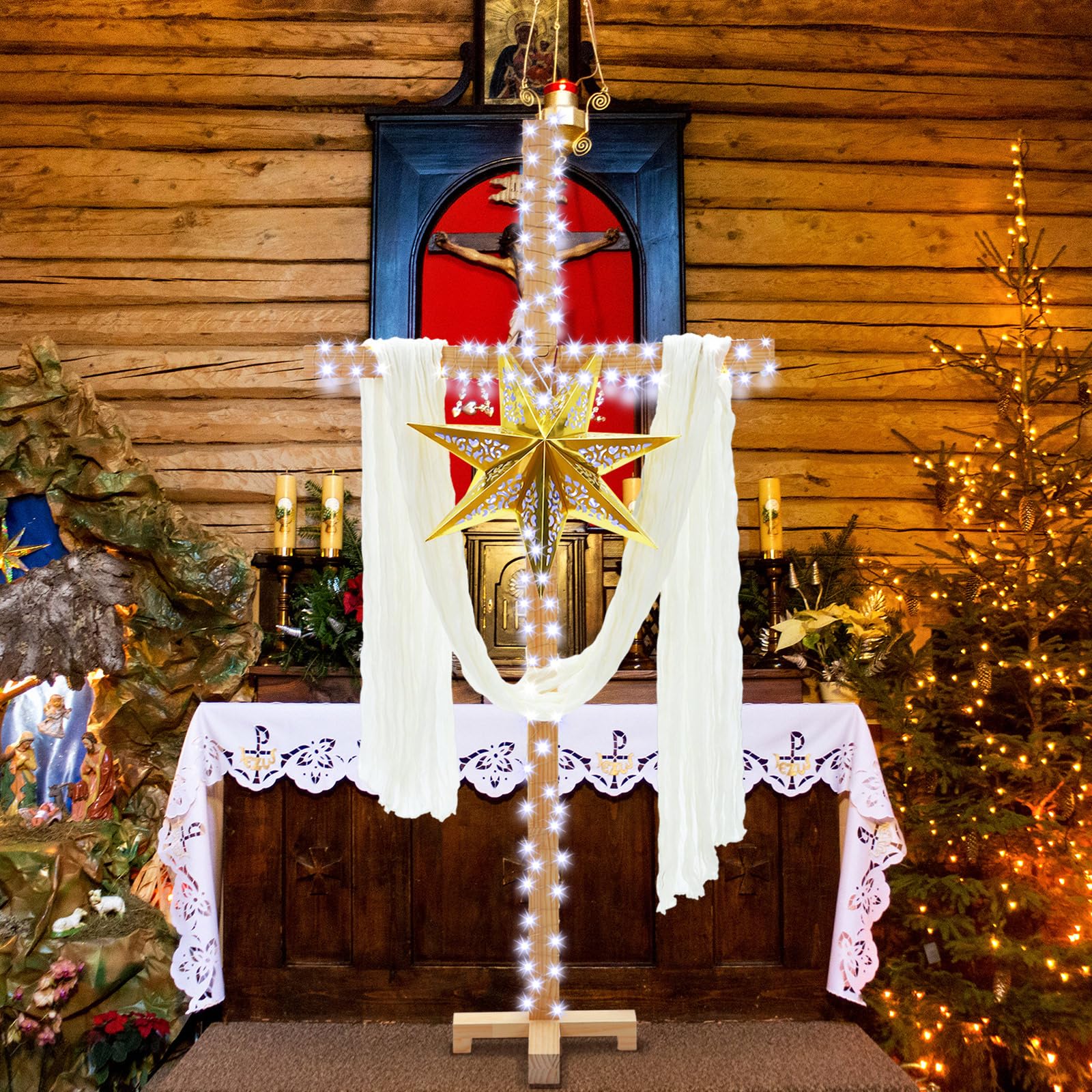 AceOrbit white voile ribbon draped on cross showing soft devotional accent benefit