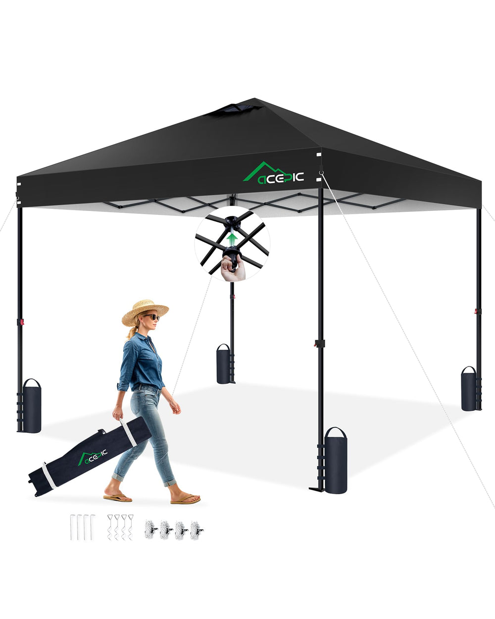 Acepic canopy front view showing full 10x10 shade and quick setup benefit
